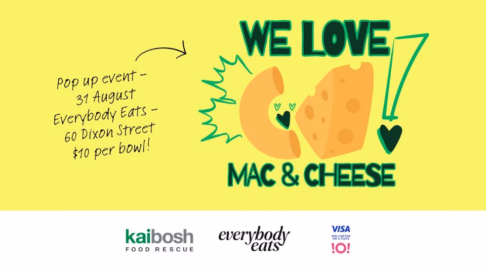 Yellow banner for We Love Mac 'n' Cheese event on 31 August 2025 at Everybody Eats, 60 Dixon Street, Wellington.